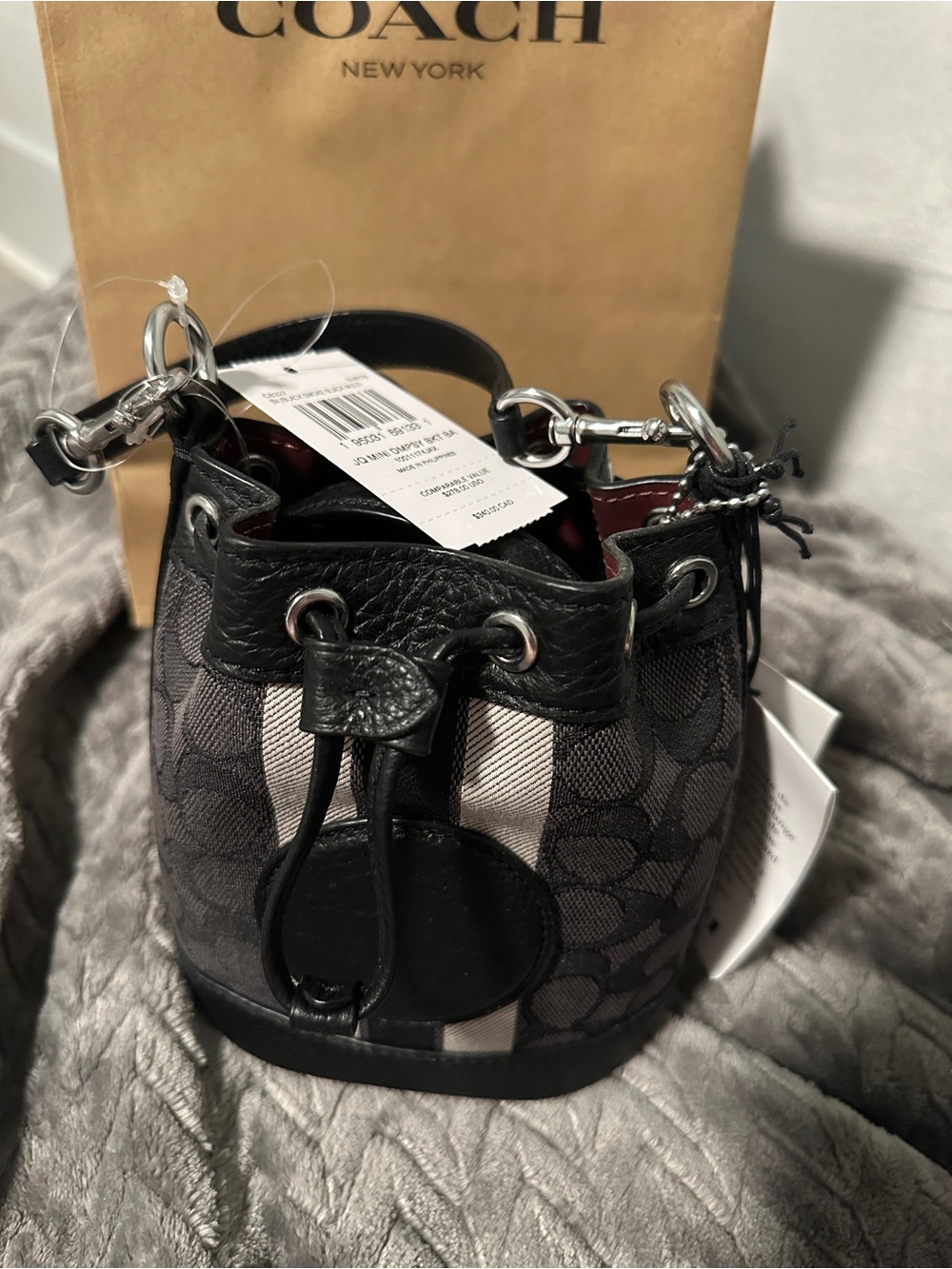 Coach Mini Signature Drawstring Bucket Bag in Black and Gray